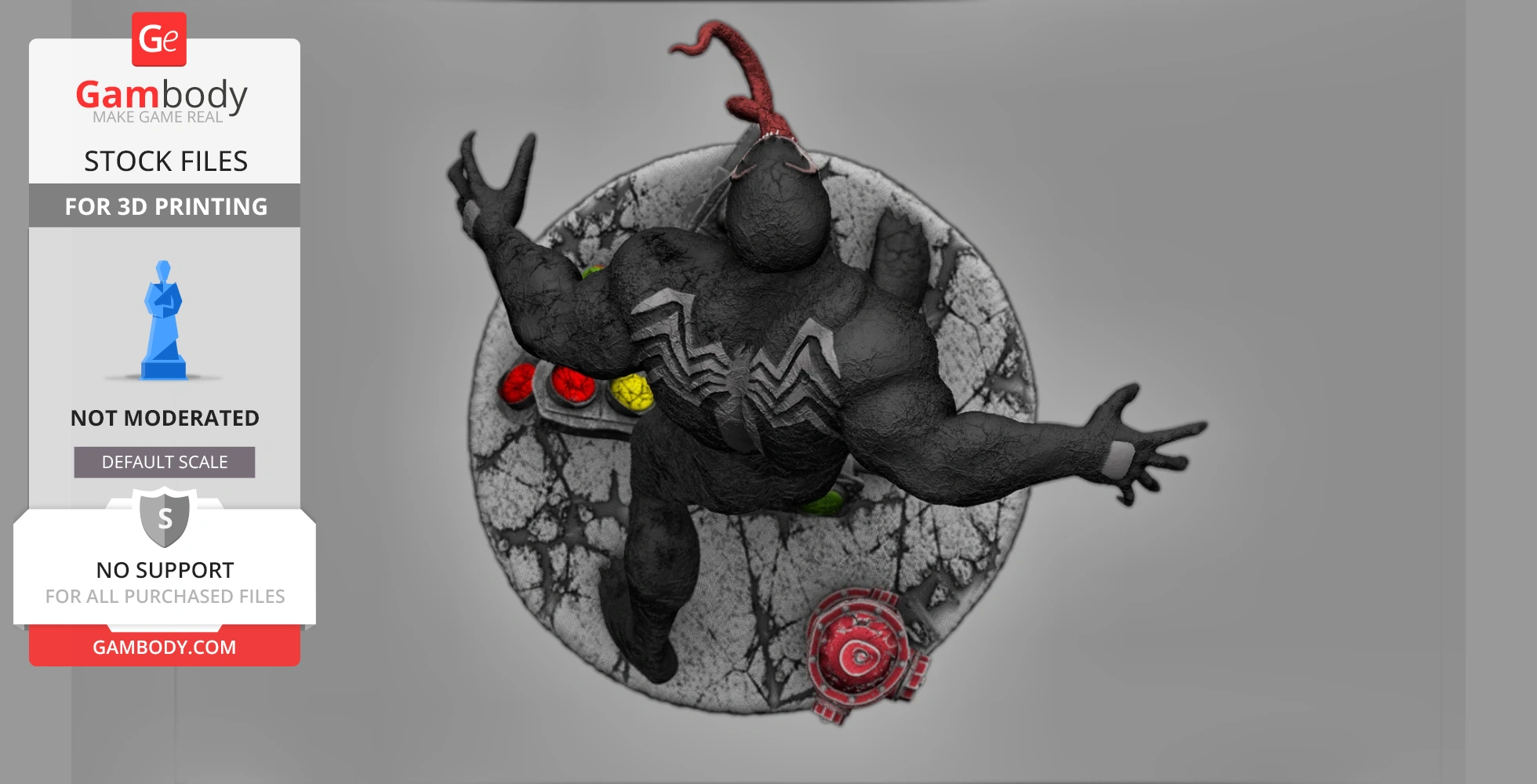 Venom 3D miniature posed on a cracked ground diorama with vibrant details for 3D printing.