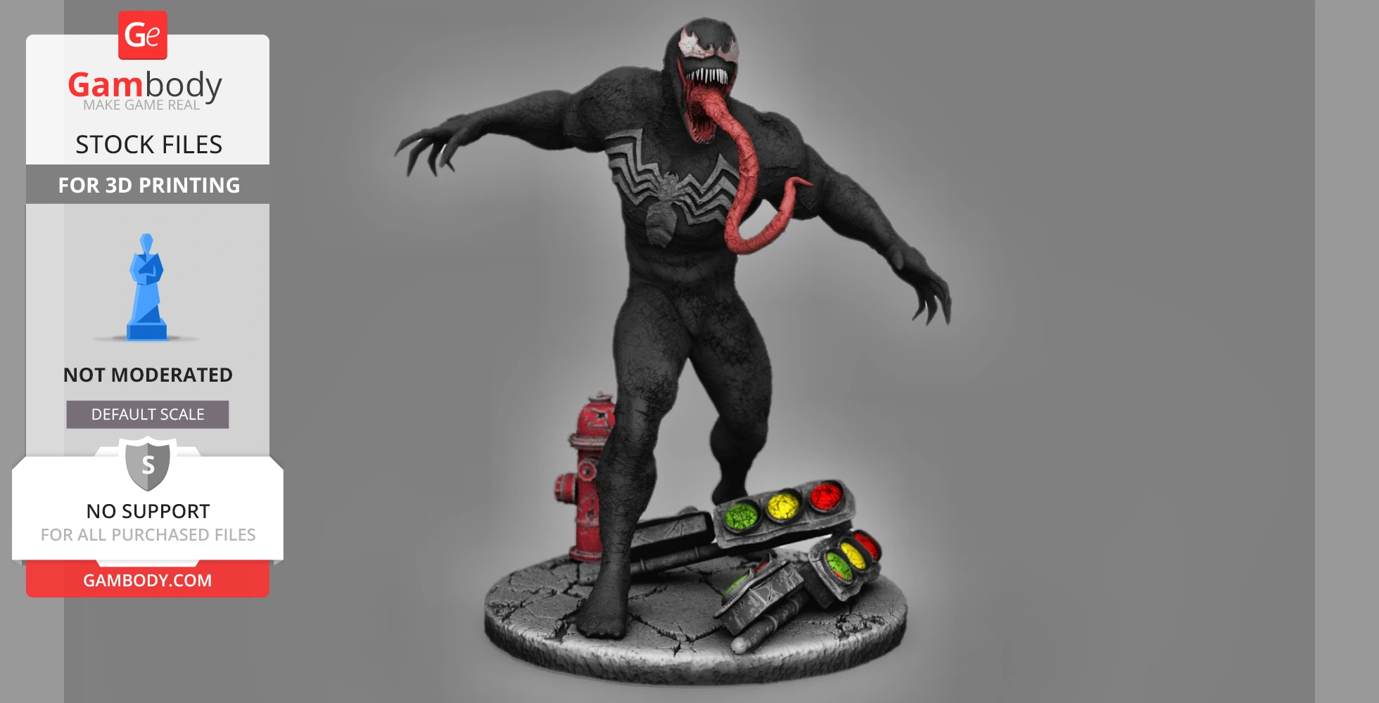 Muscular creature with long tongue on cracked base with fire hydrant and traffic lights.