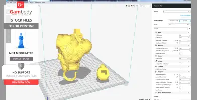 Yellow 3D model of a muscular, monstrous figure with claw-like tail, prepared for printing.