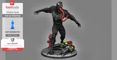 Muscular creature with long tongue on cracked base with fire hydrant and traffic lights.