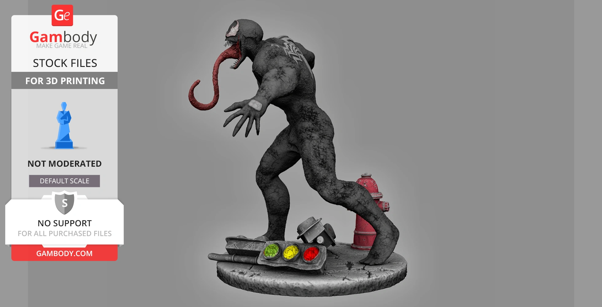 3D model of Venom in a dynamic pose, with long tongue, on a diorama base featuring a hydrant and traffic lights.