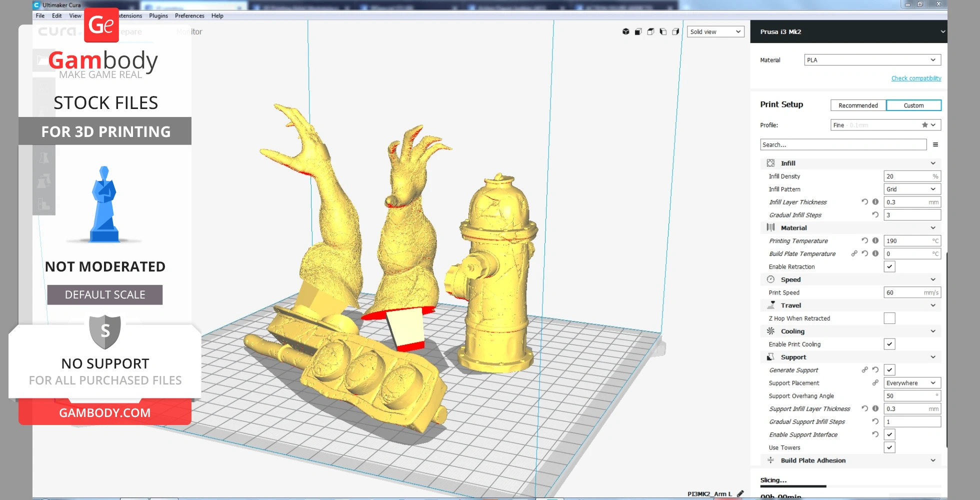 3D model parts of Venom, including arms and a fire hydrant, displayed on a grid for printing.