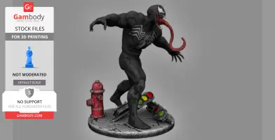 Venom 3D miniature with tongue out, standing on a base with a fire hydrant and traffic lights.
