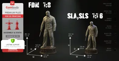 3D printed model of a masked figure with a weapon, in scale 1:8 and 1:16, on a detailed base.