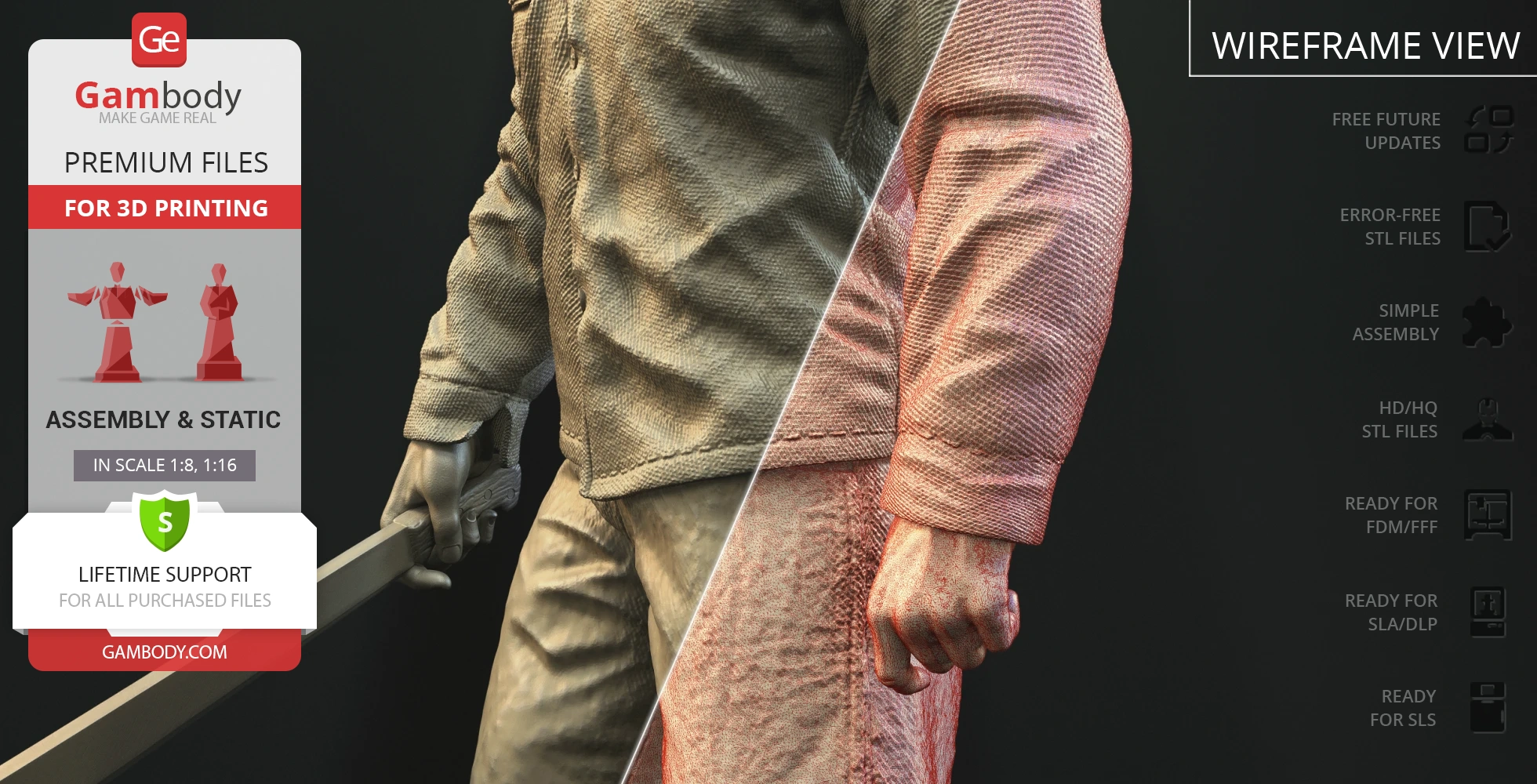 A 3D model of a person in textured clothing holding a machete, shown in regular and wireframe views.