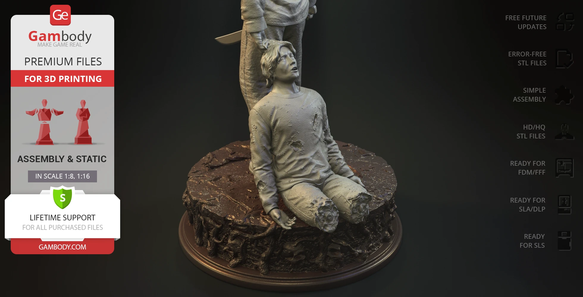 A 3D printed model shows a horror scene with a kneeling person and a standing figure holding a knife.