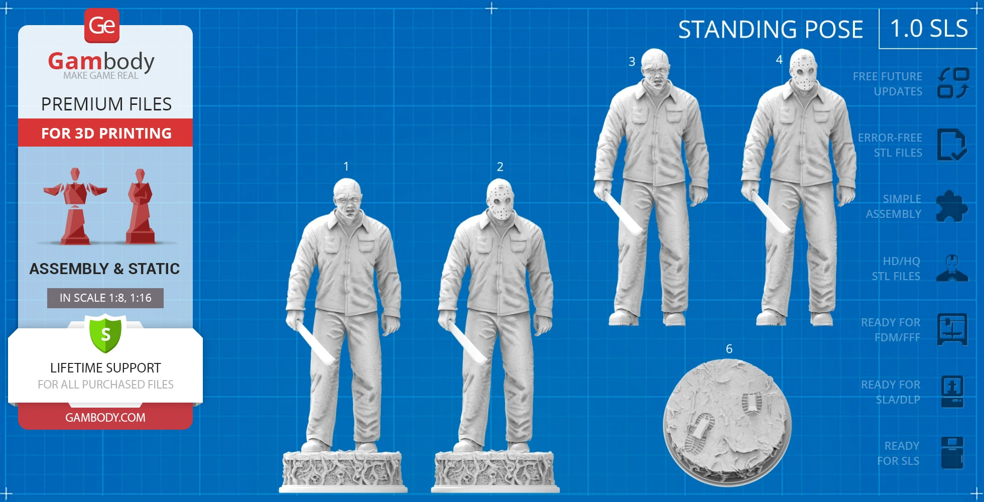 3D printed model of a masked figure with a machete, wearing a jacket and pants. Circular base included.