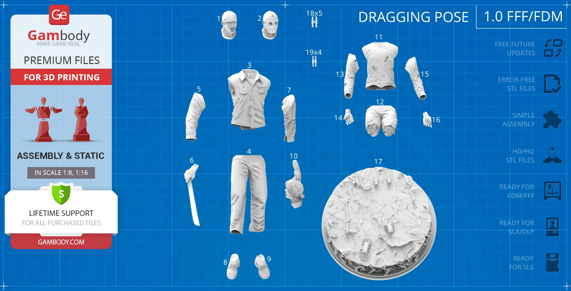 3D printable parts of a horror character model, including head, mask, clothing, accessories, and base.
