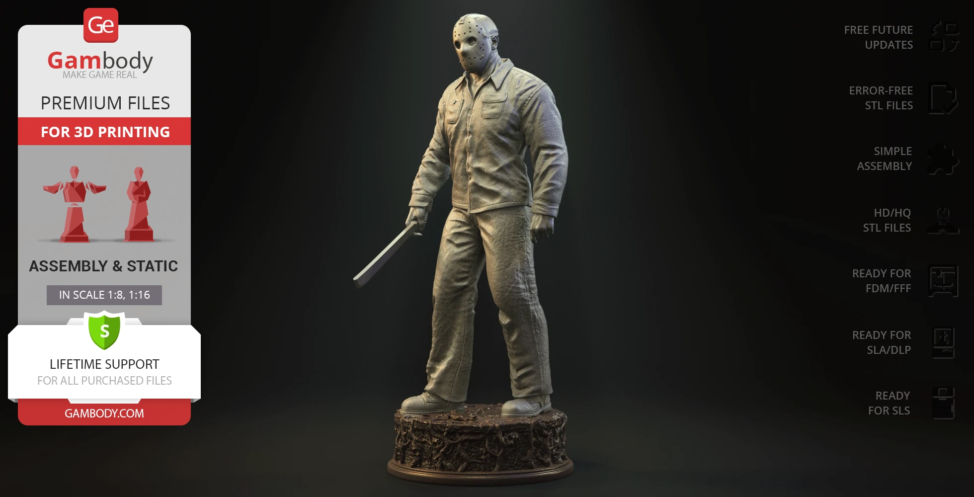 A 3D model of a masked figure holding a machete, standing on a textured base, ideal for 3D printing.