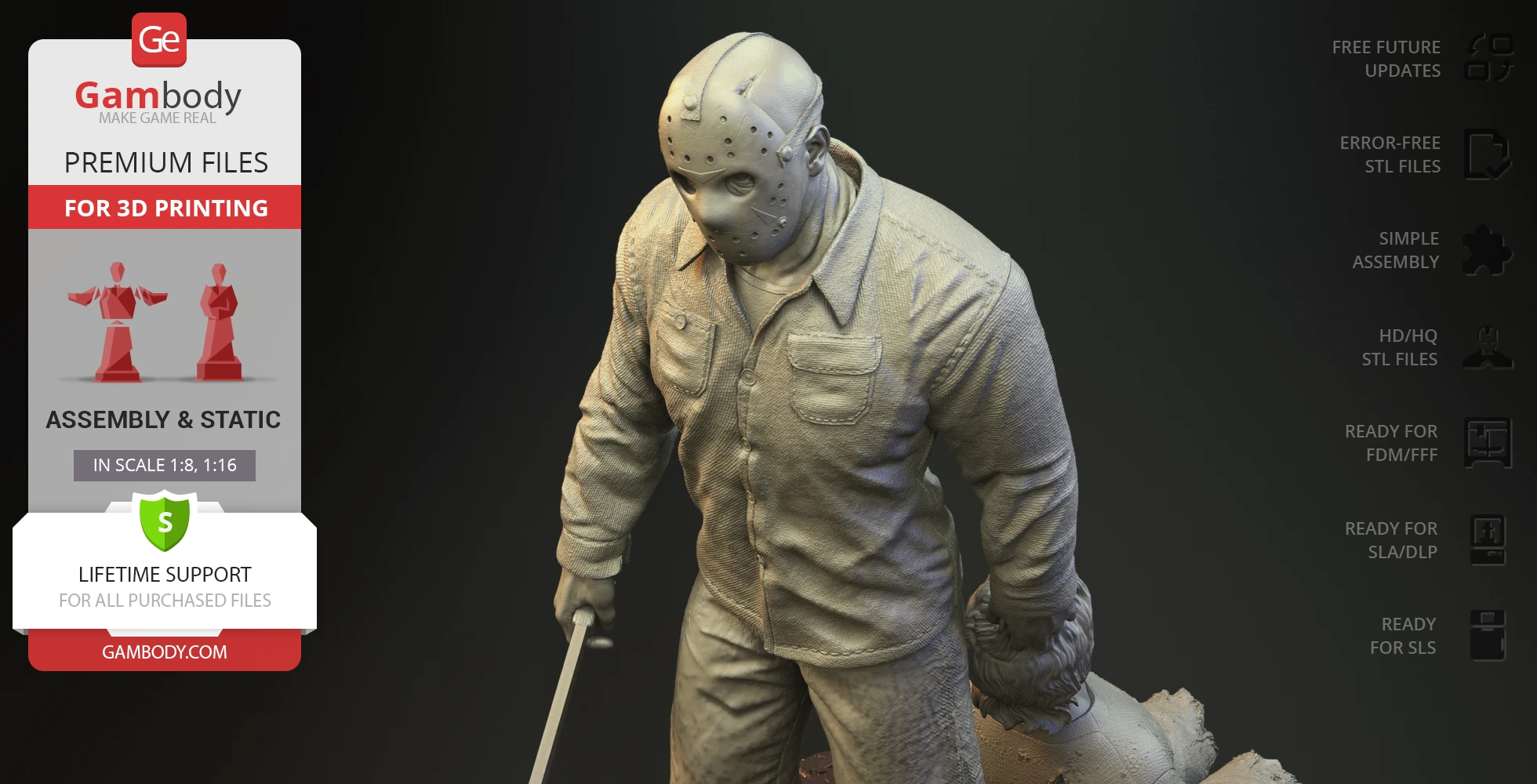 A detailed 3D model of a masked figure in a worn-out shirt, holding a weapon, ready for 3D printing.