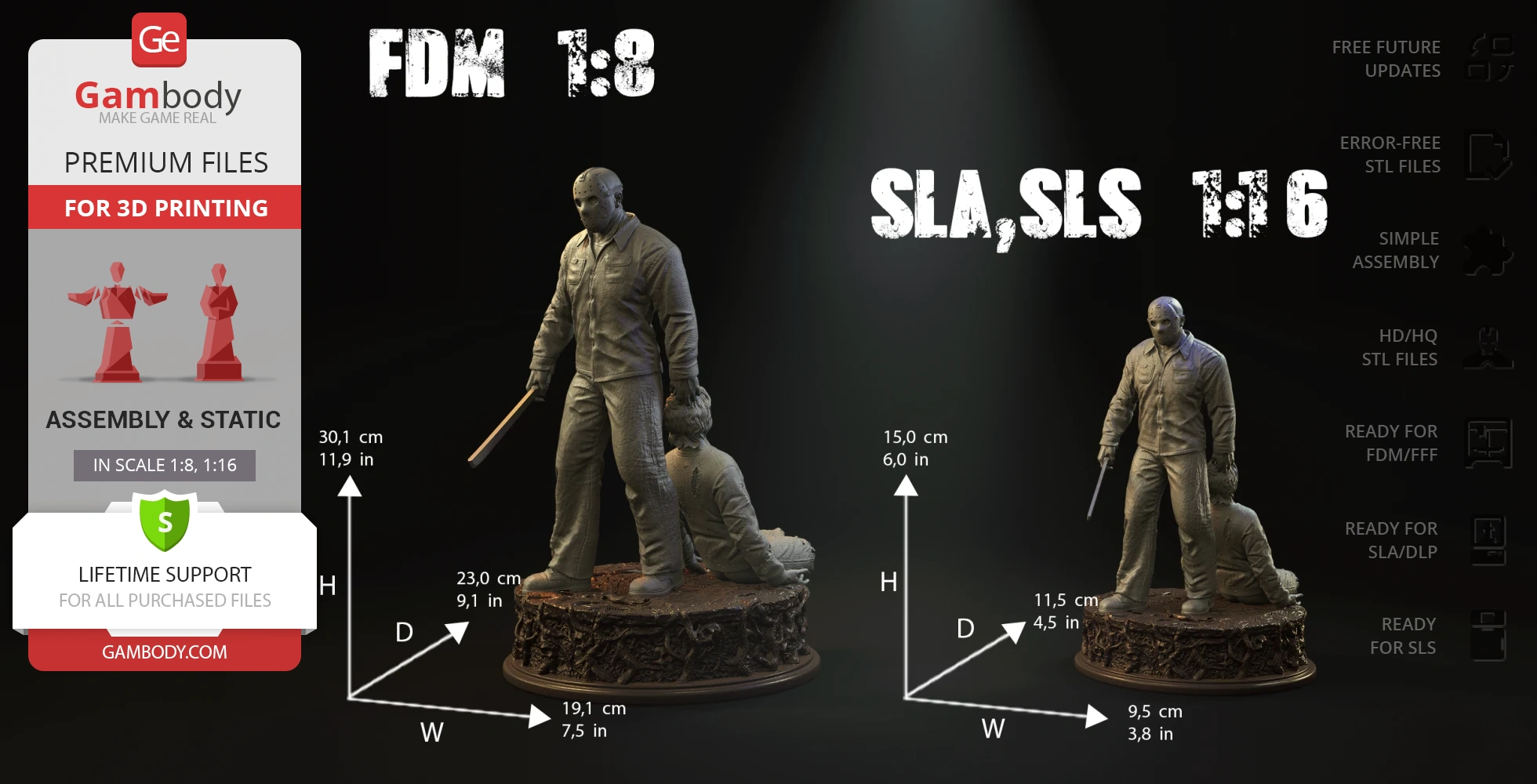 A 3D model of a masked figure with a machete standing over a seated person on a detailed base.