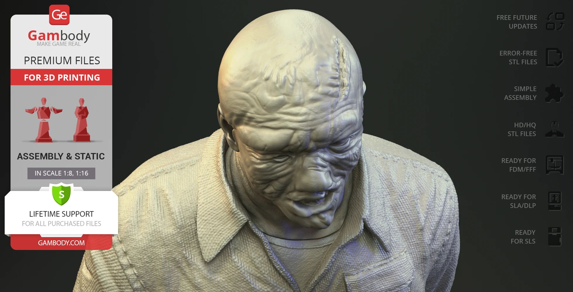 3D printed model of a menacing figure with a scarred, bald head and detailed clothing texture.