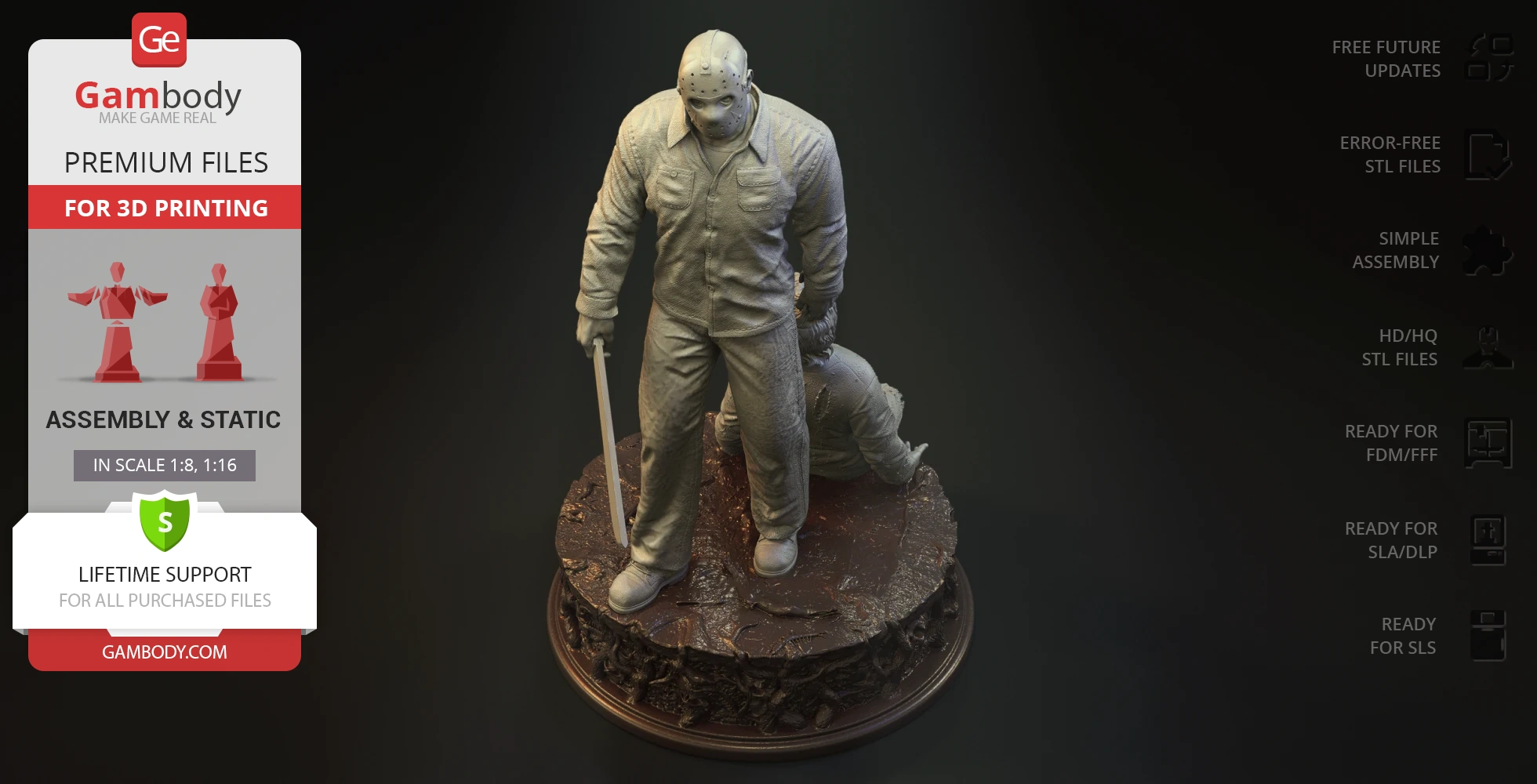 A 3D-printed model of a masked figure in a jumpsuit holding a weapon, standing on a detailed base.