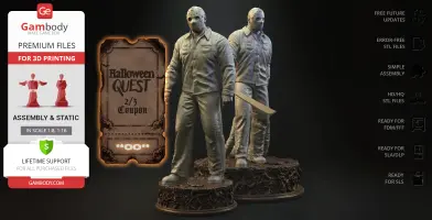 Two detailed 3D models of a masked figure in overalls, one holding a machete, on textured bases.