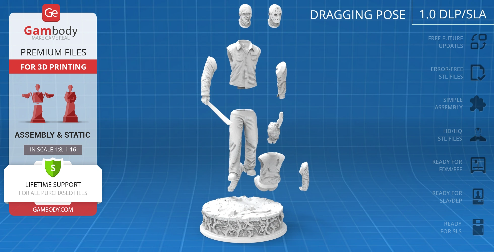 3D model kit of a horror character with separate pieces for assembly on a decorative base.
