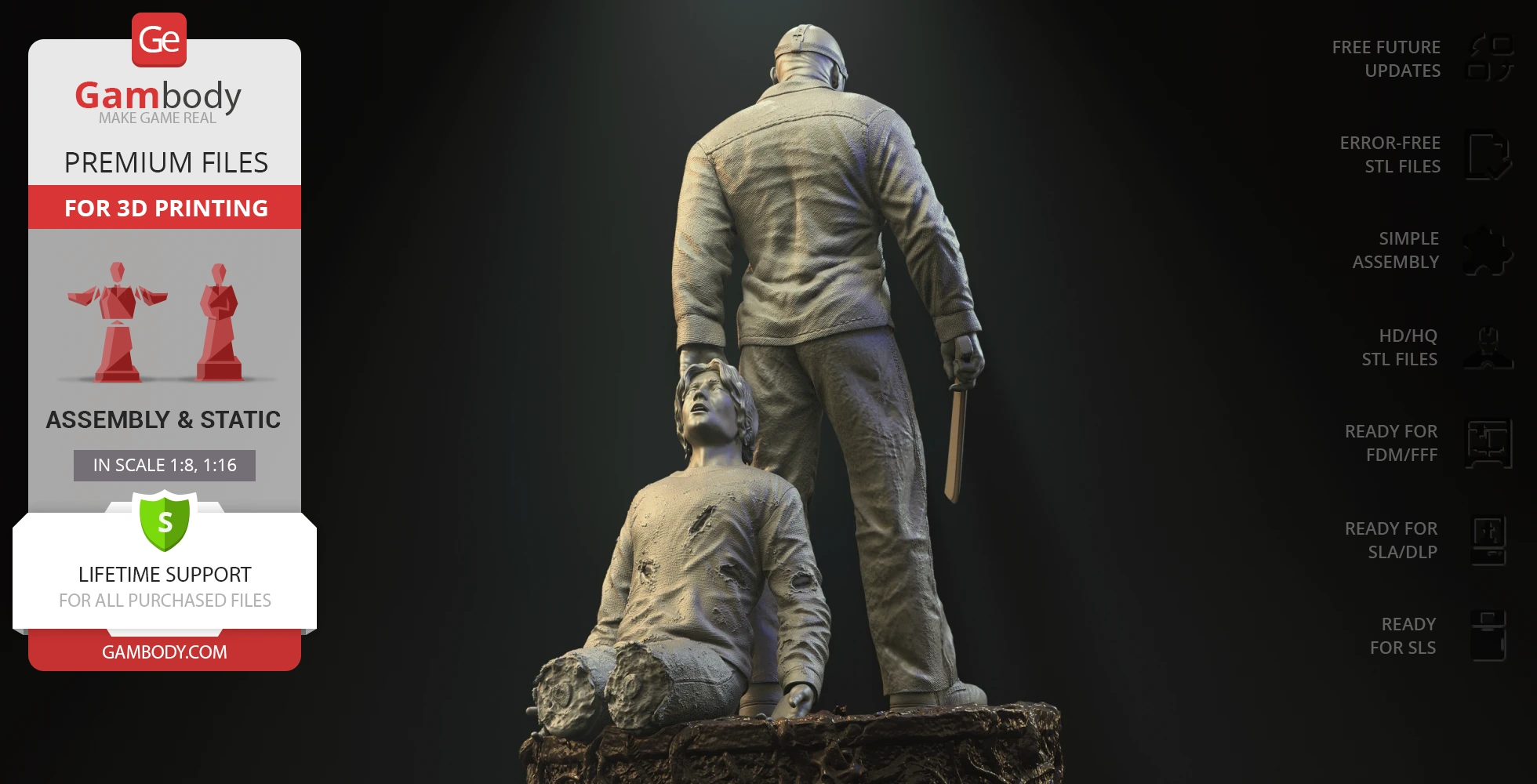 A 3D model of a person standing with a machete over a kneeling figure on a detailed base.