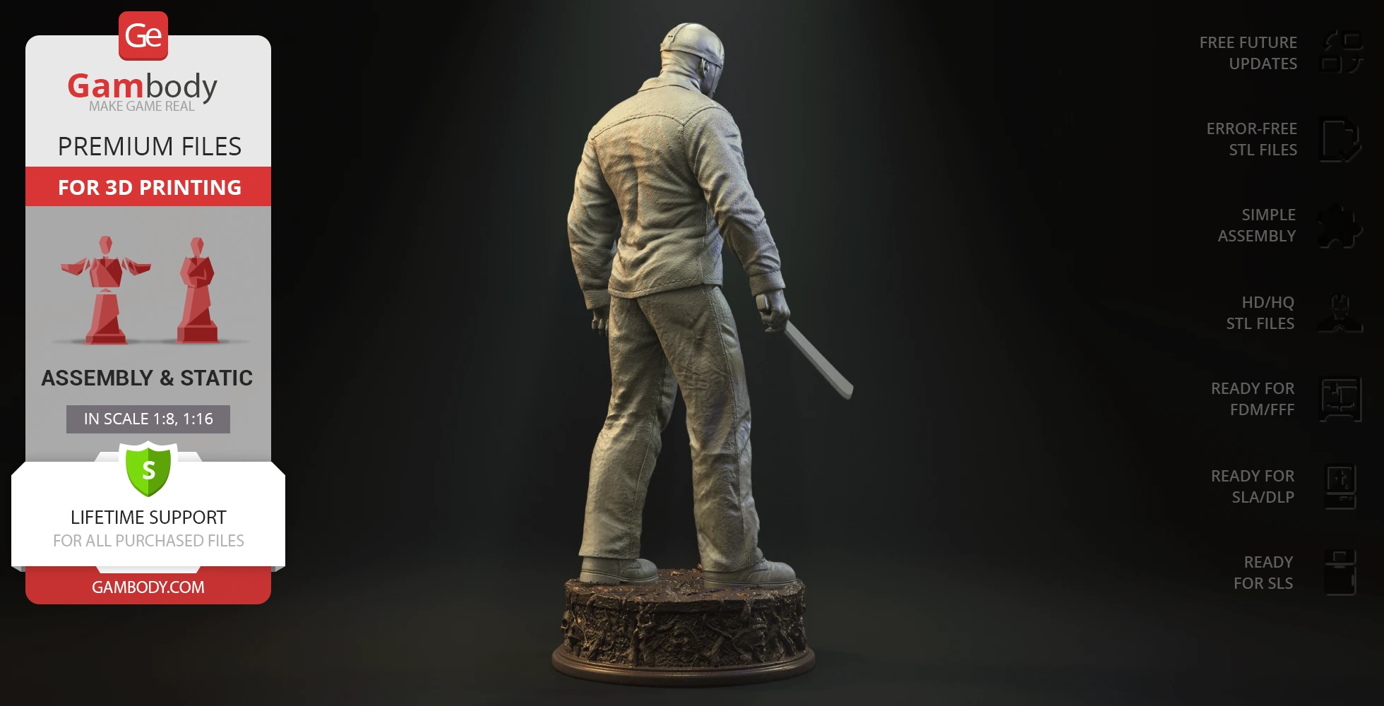 A detailed 3D model of a masked figure with a machete, standing on a decorated base.