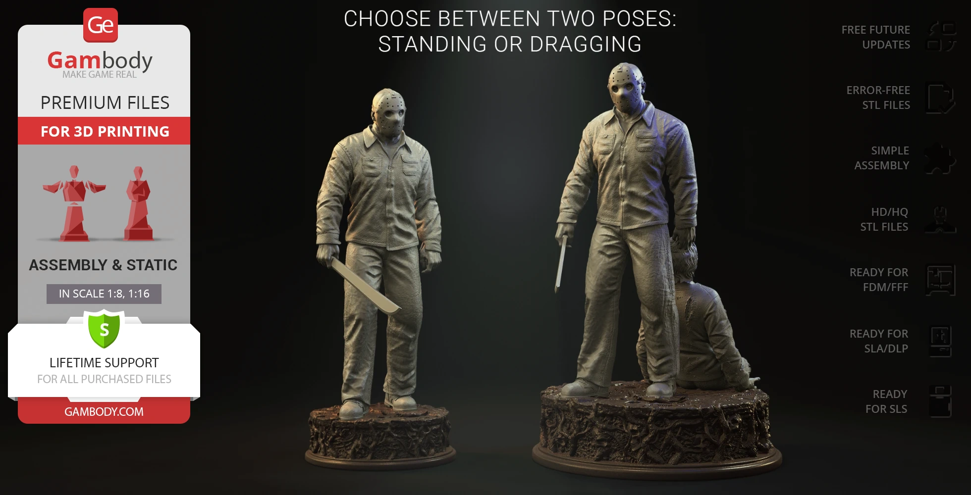 Two poses of a masked figure with a machete on detailed bases, available for 3D printing.