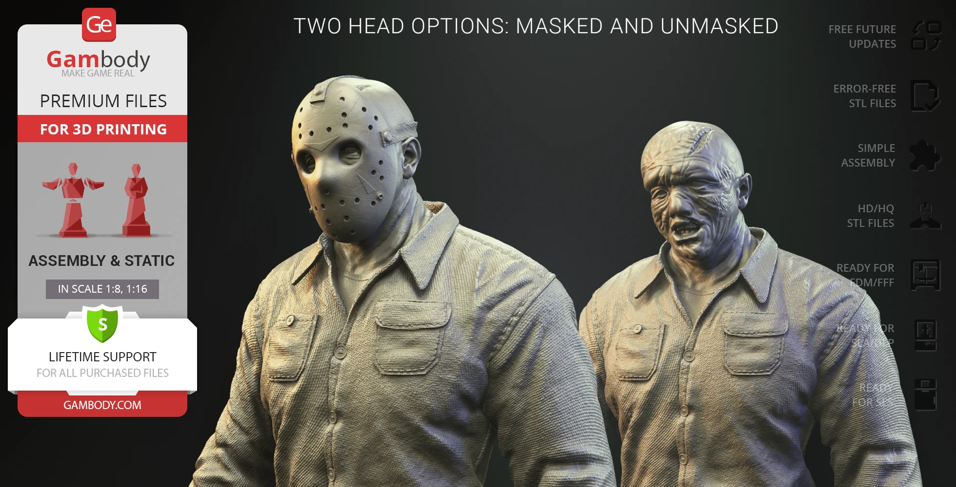 3D models of a man with two head options: hockey mask and unmasked. Textures detailed for 3D printing.
