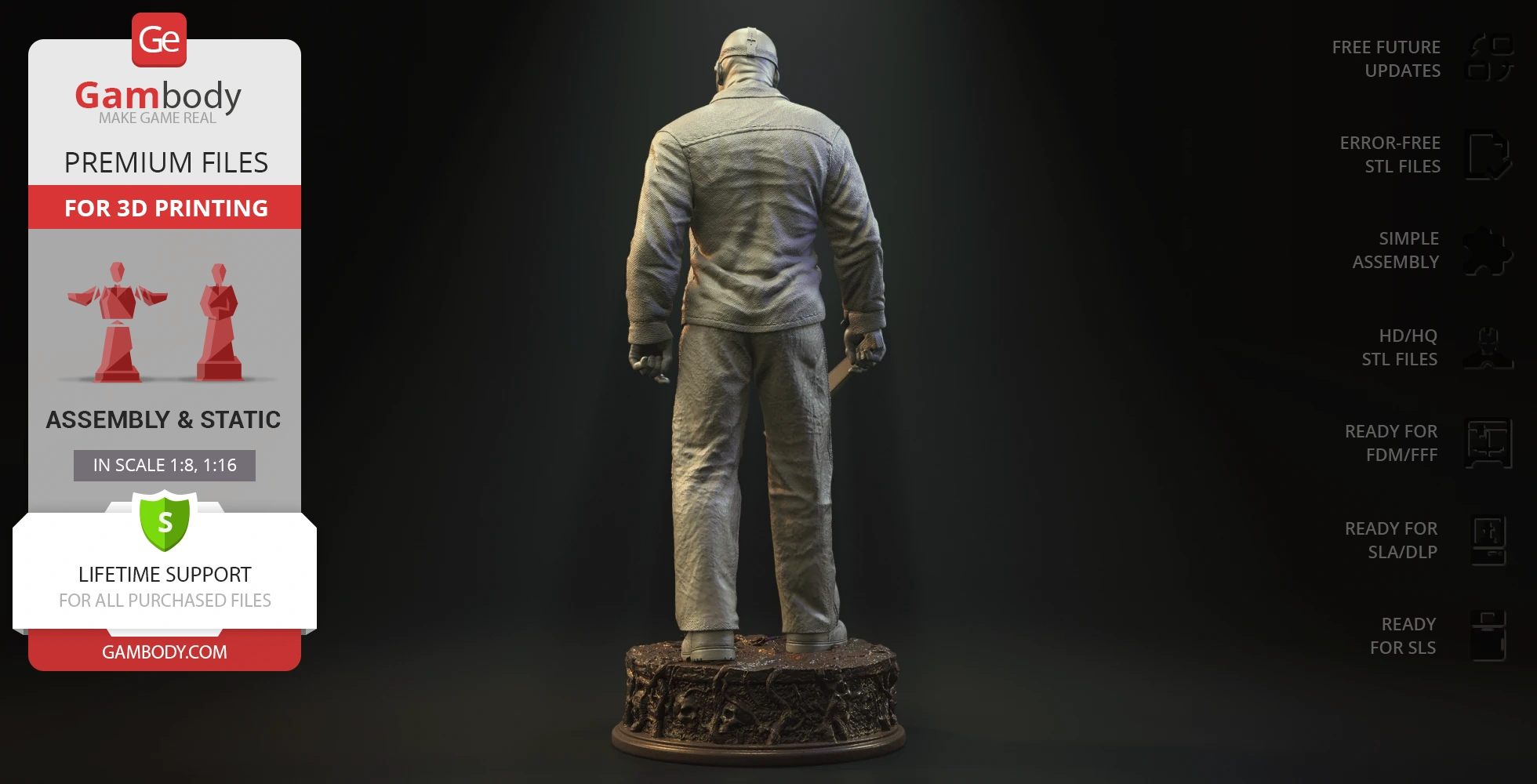 A 3D model of a man in a jacket holding a machete, standing on a detailed circular base.