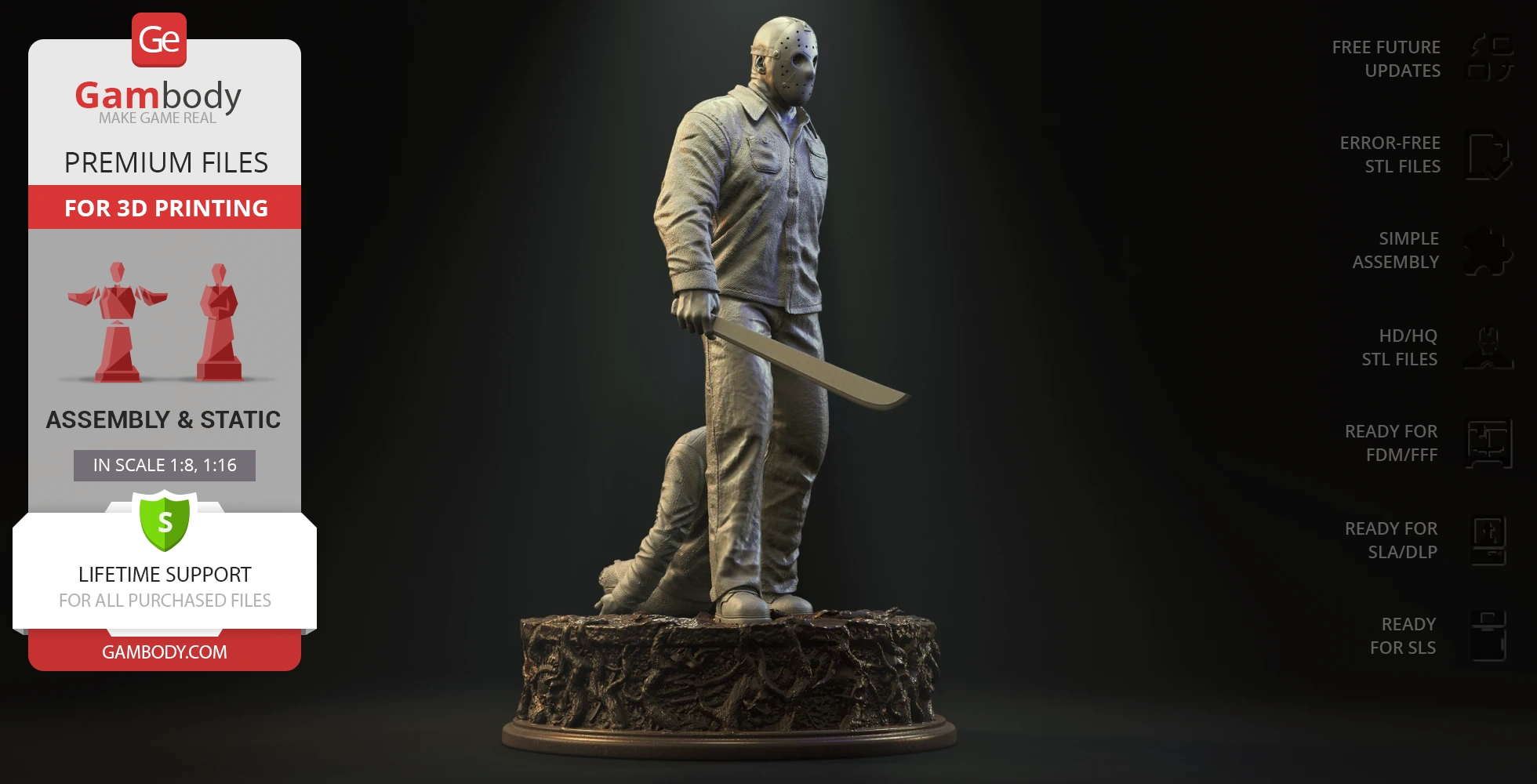 A masked figure with a machete on a detailed base, ready for 3D printing from Gambody.
