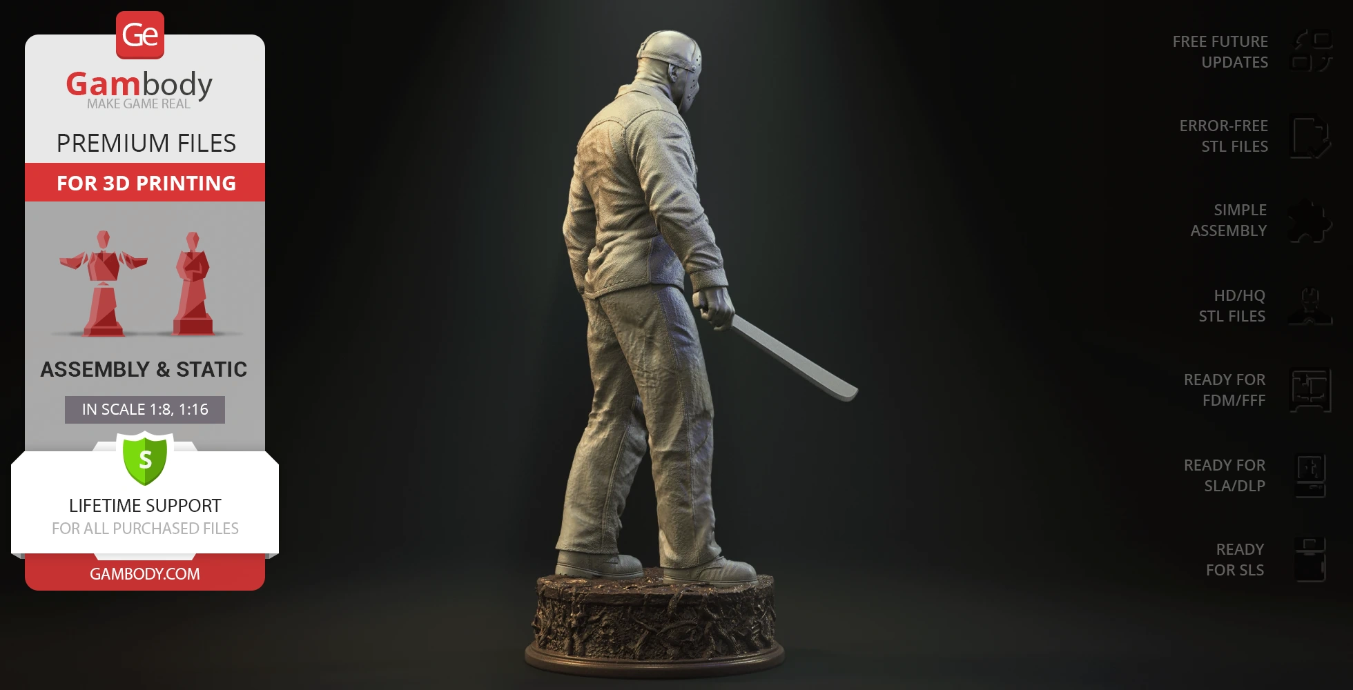 A 3D model of a masked figure in a jacket holding a machete, standing on a detailed base.
