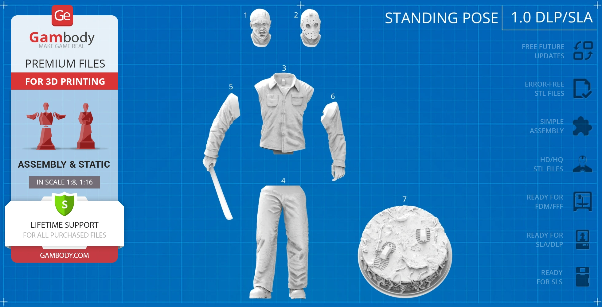 A disassembled 3D model of a character with a hockey mask, machete, and base for assembly and printing.