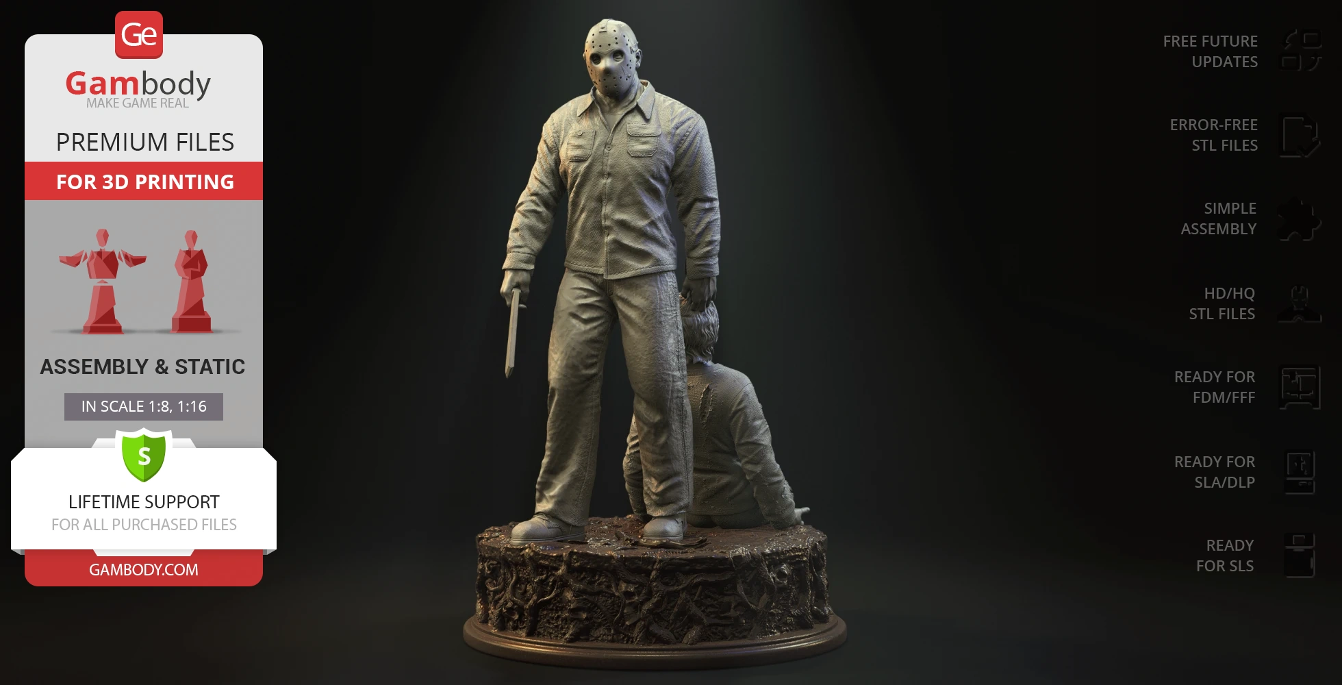 A masked figure stands holding a weapon with a seated figure at their feet on a detailed base.