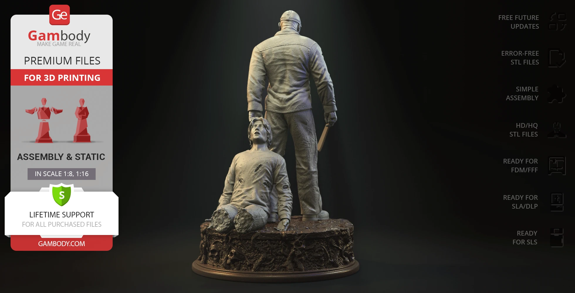 A 3D model of a masked figure holding a machete, standing behind a kneeling figure on a detailed base.