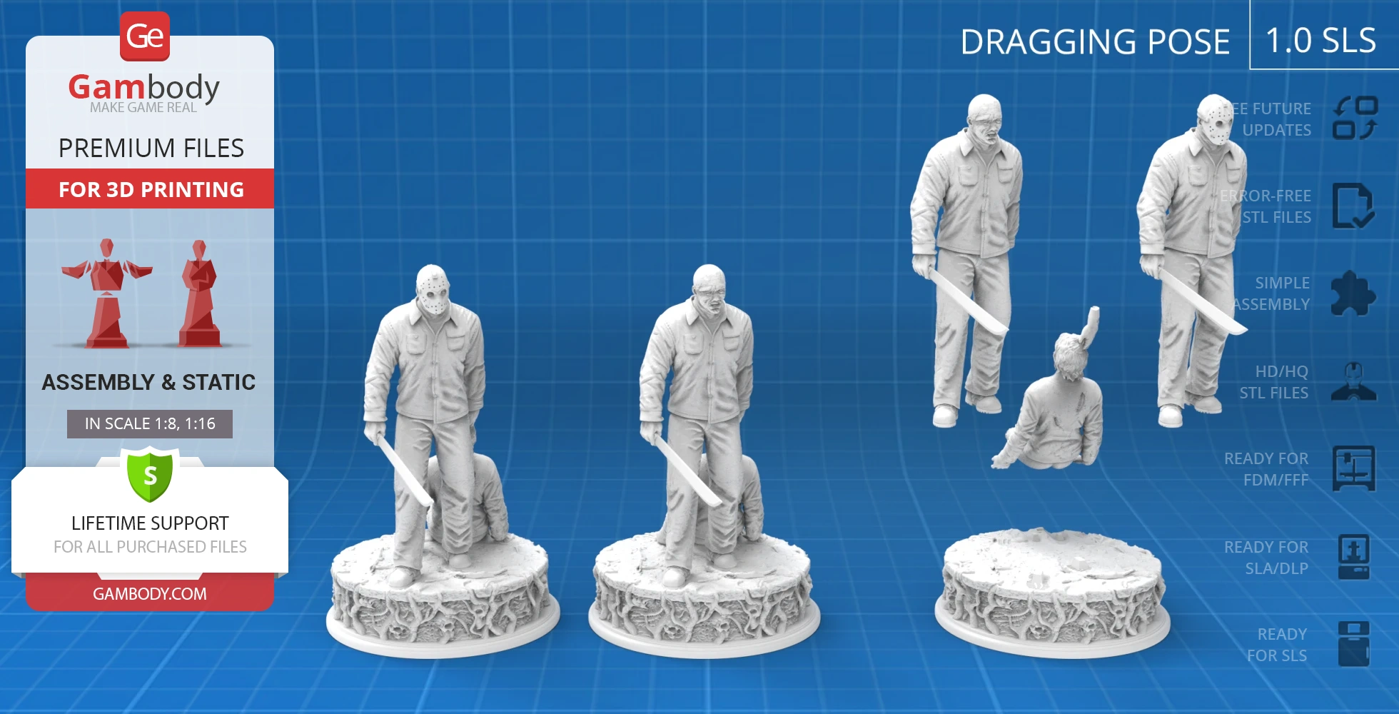 A detailed 3D model of a masked figure with a weapon, posed on a textured base, for 3D printing.