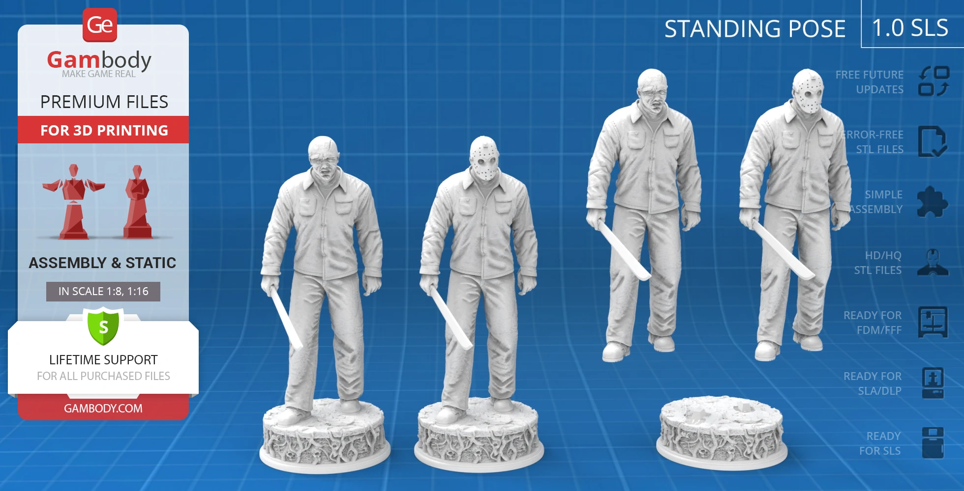 A 3D model of a masked figure holding a machete, in various angles, on a detailed base.