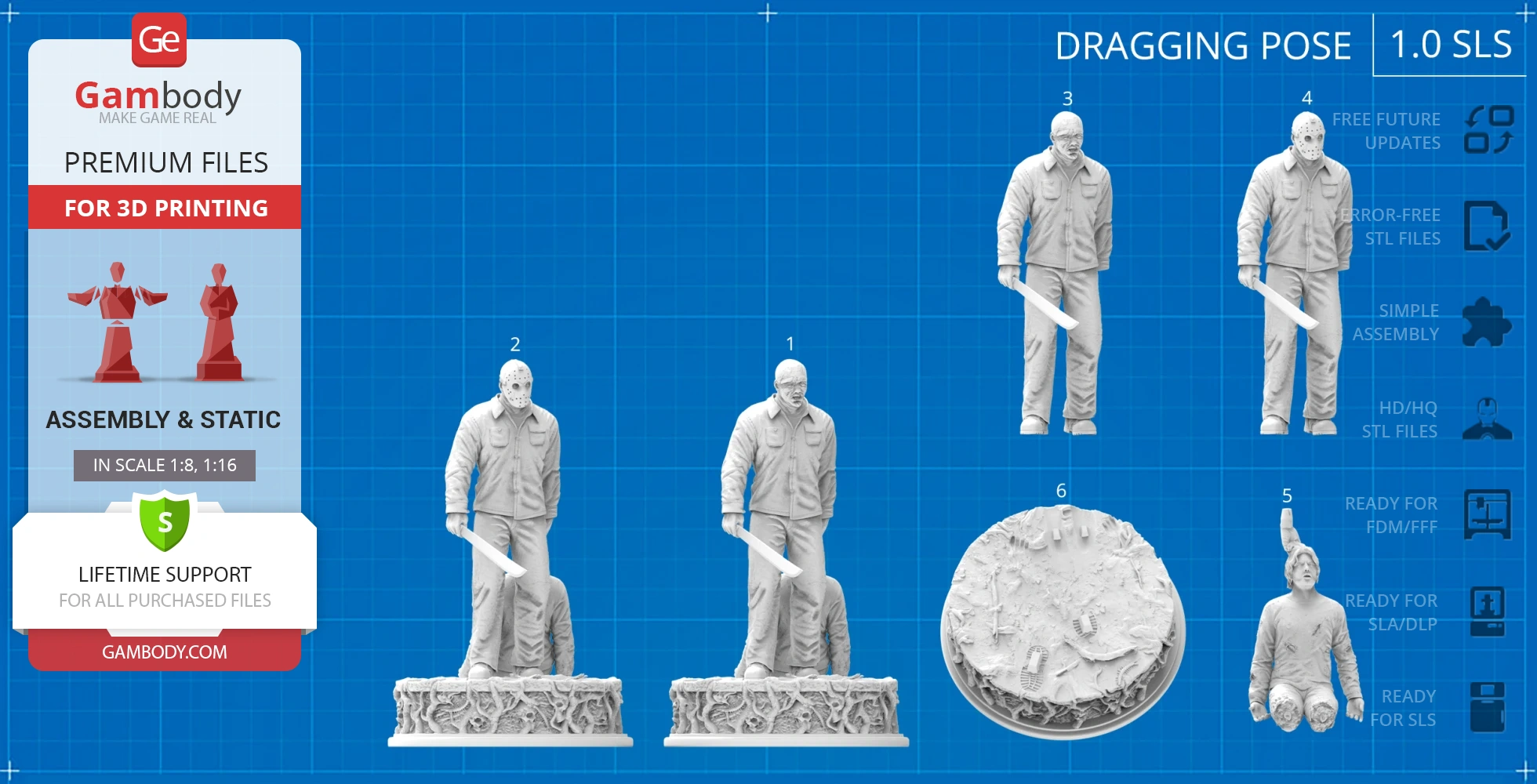3D model of a masked figure holding a machete, in multiple assembly parts for printing.