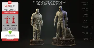 Two poses of a masked figure with a machete on detailed bases, available for 3D printing.