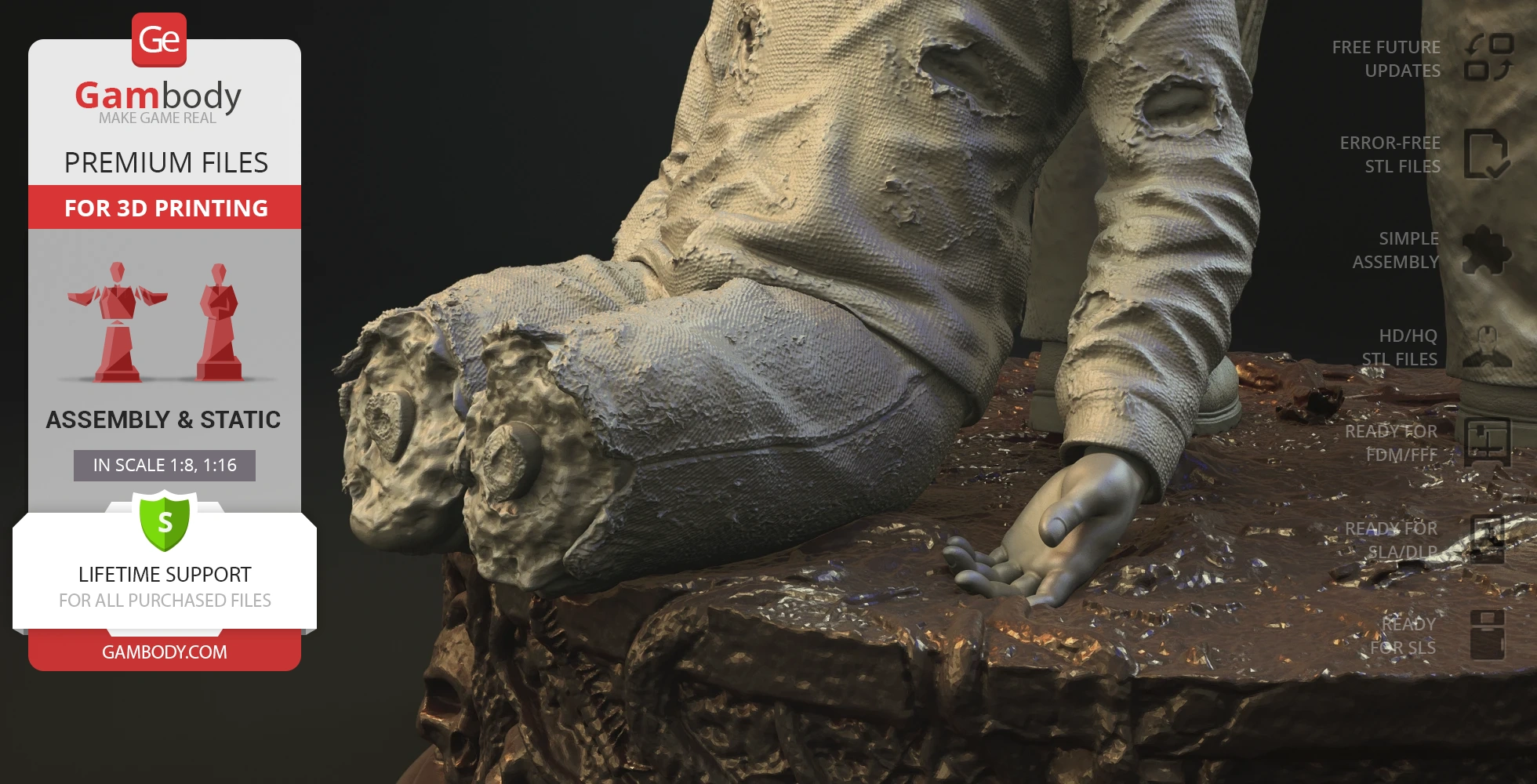 A detailed, weathered 3D model of a tattered figure's torso and arm on a textured base.