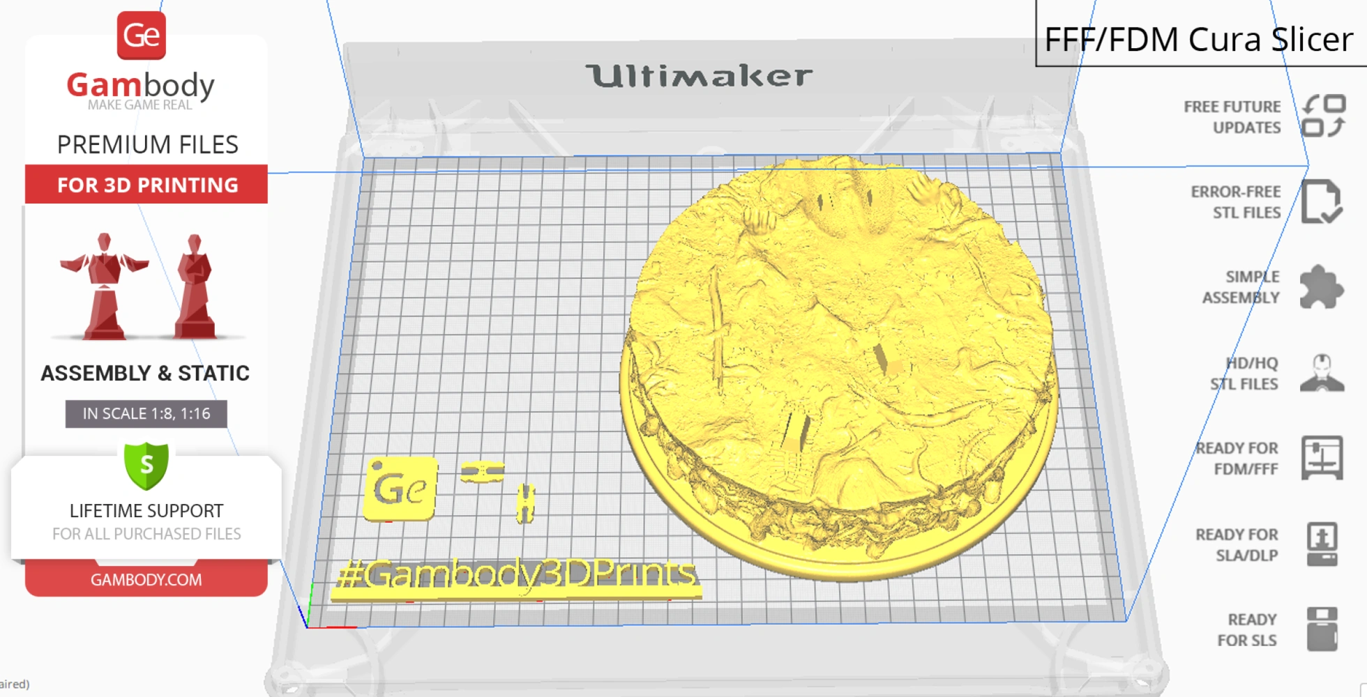 A 3D printing preview of a detailed round base for a Jason Voorhees model by Gambody.
