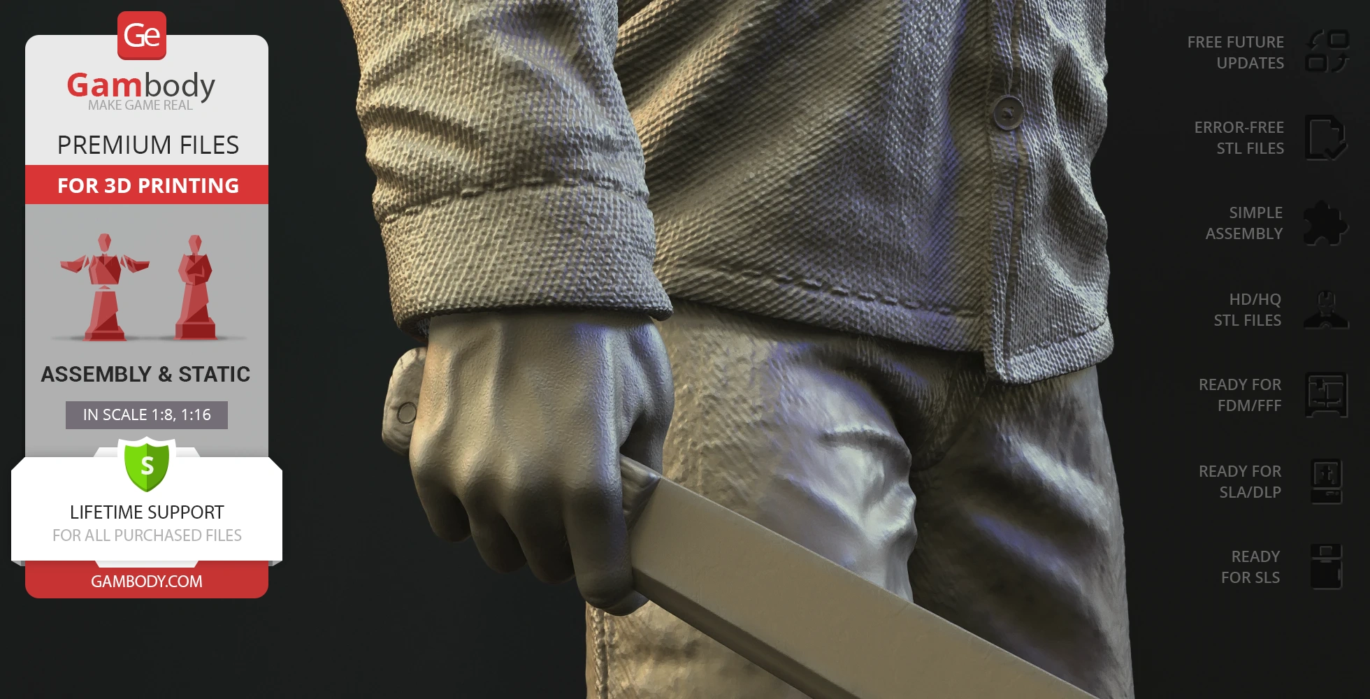 A detailed close-up of a 3D model's gloved hand gripping a machete, wearing a textured jacket.