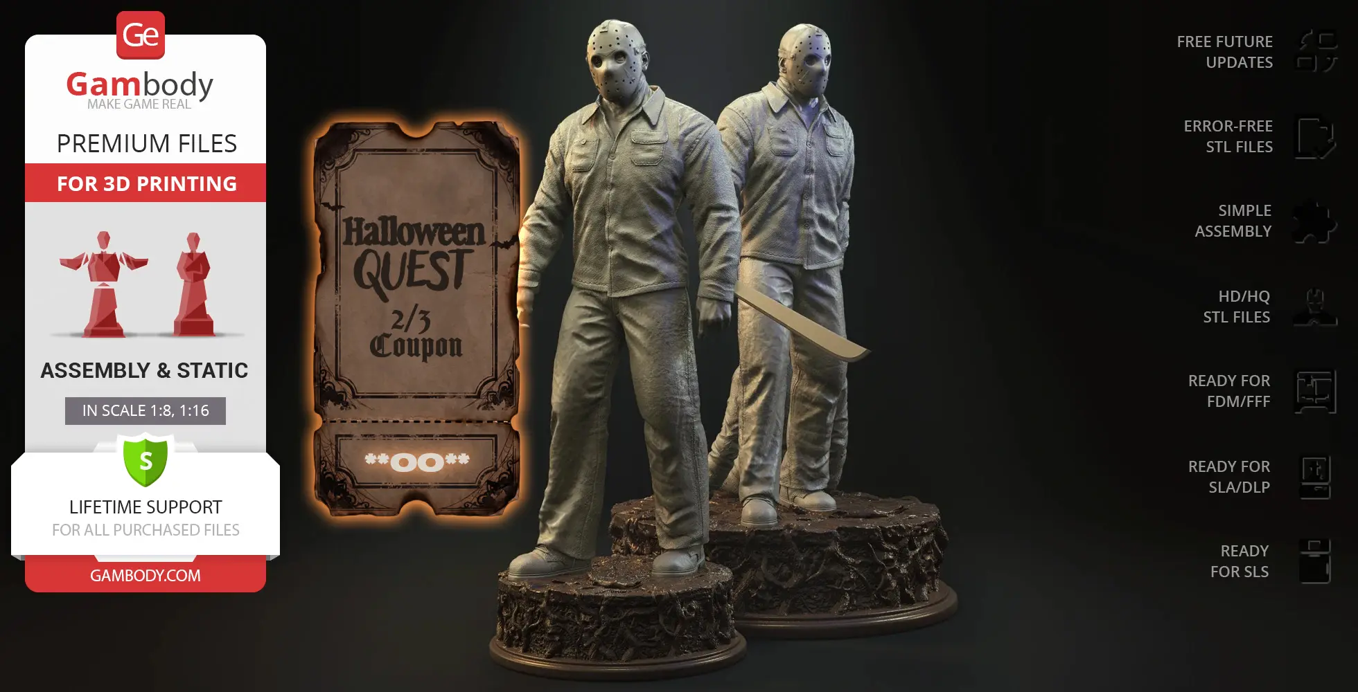Two detailed 3D models of a masked figure in overalls, one holding a machete, on textured bases.