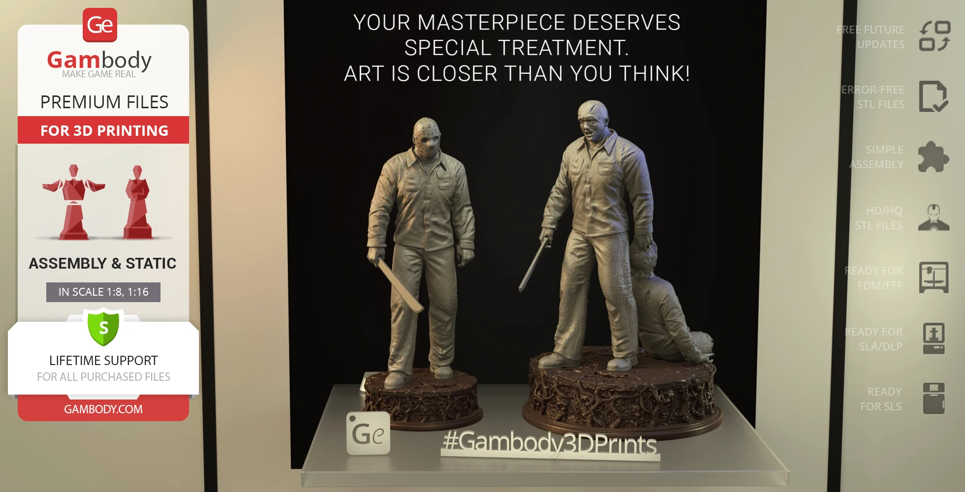 Two detailed 3D models of a masked character with a machete on display stands.