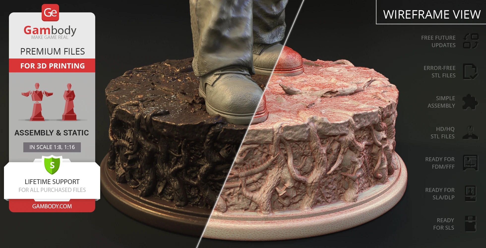 Close-up of a 3D model's textured boots and base, shown in both color and wireframe views for printing.