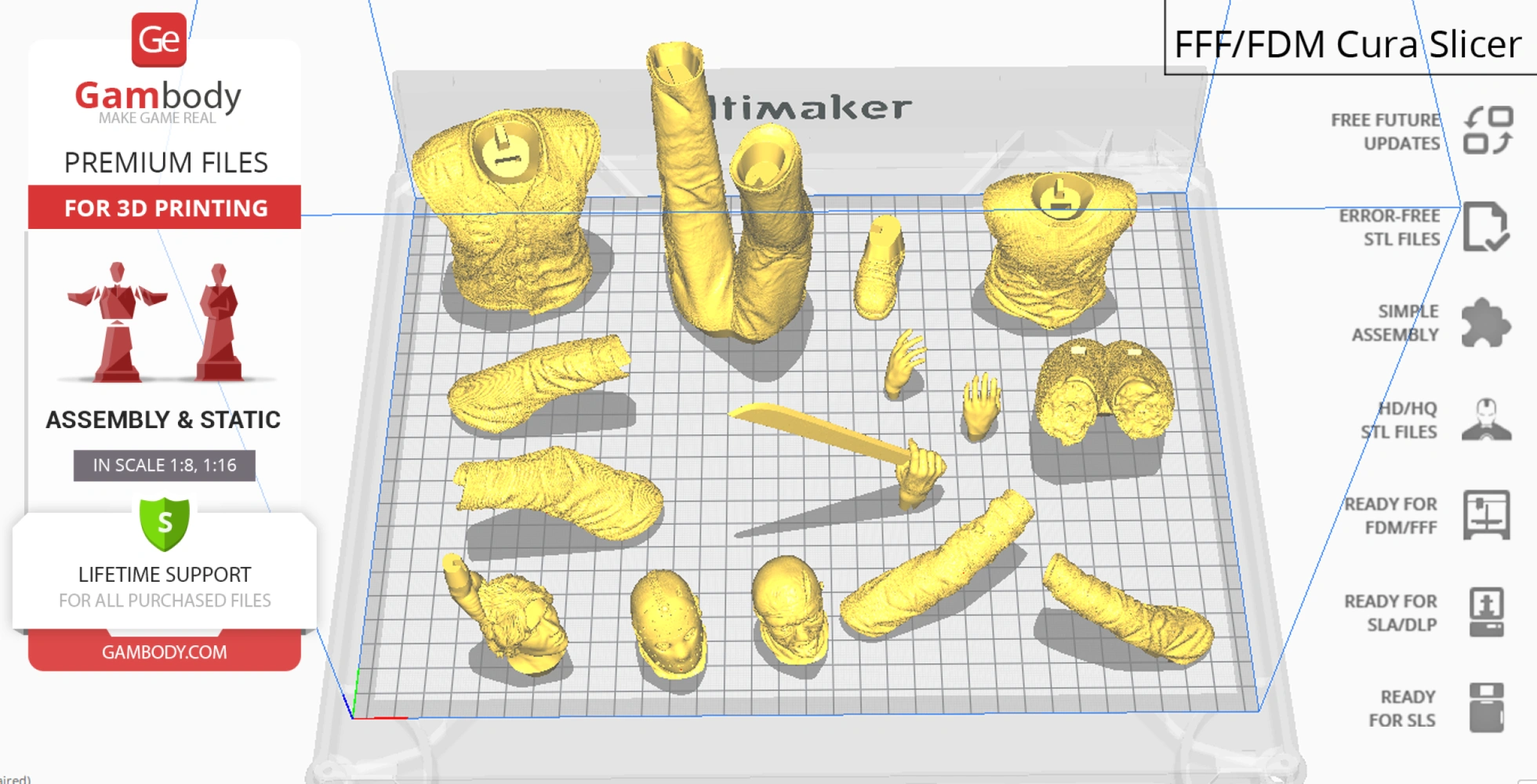 Disassembled 3D model parts of a character with clothing and accessories arranged for printing.