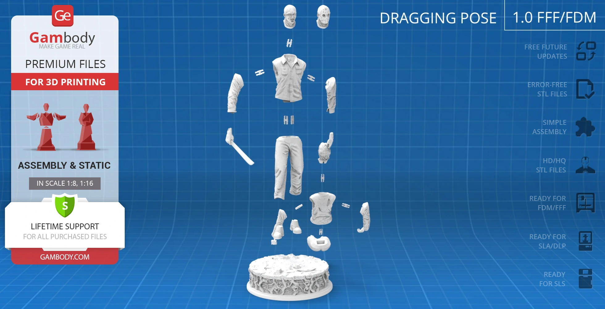 Exploded view of Jason Voorhees 3D model parts for printing and assembly.
