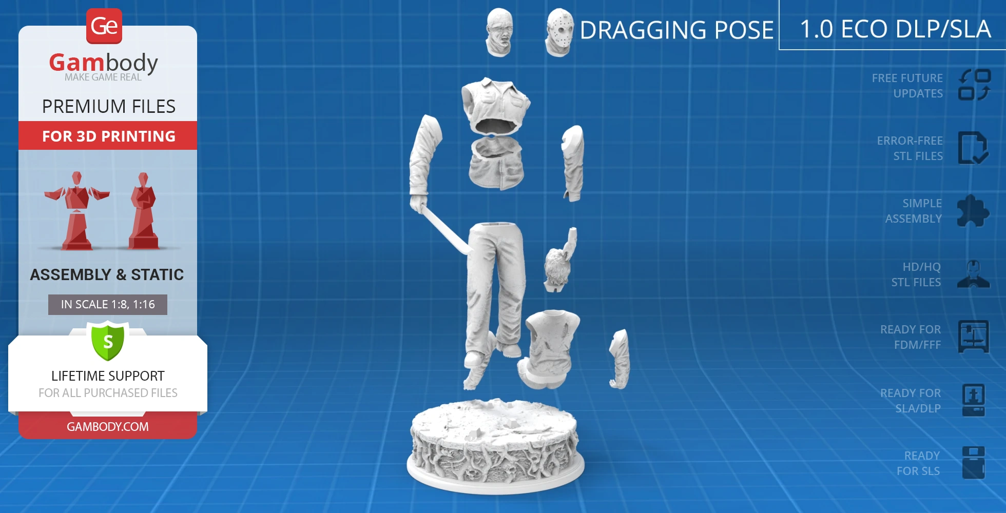 3D printable Jason Voorhees figure in pieces, including head, torso, arms, legs, and base.