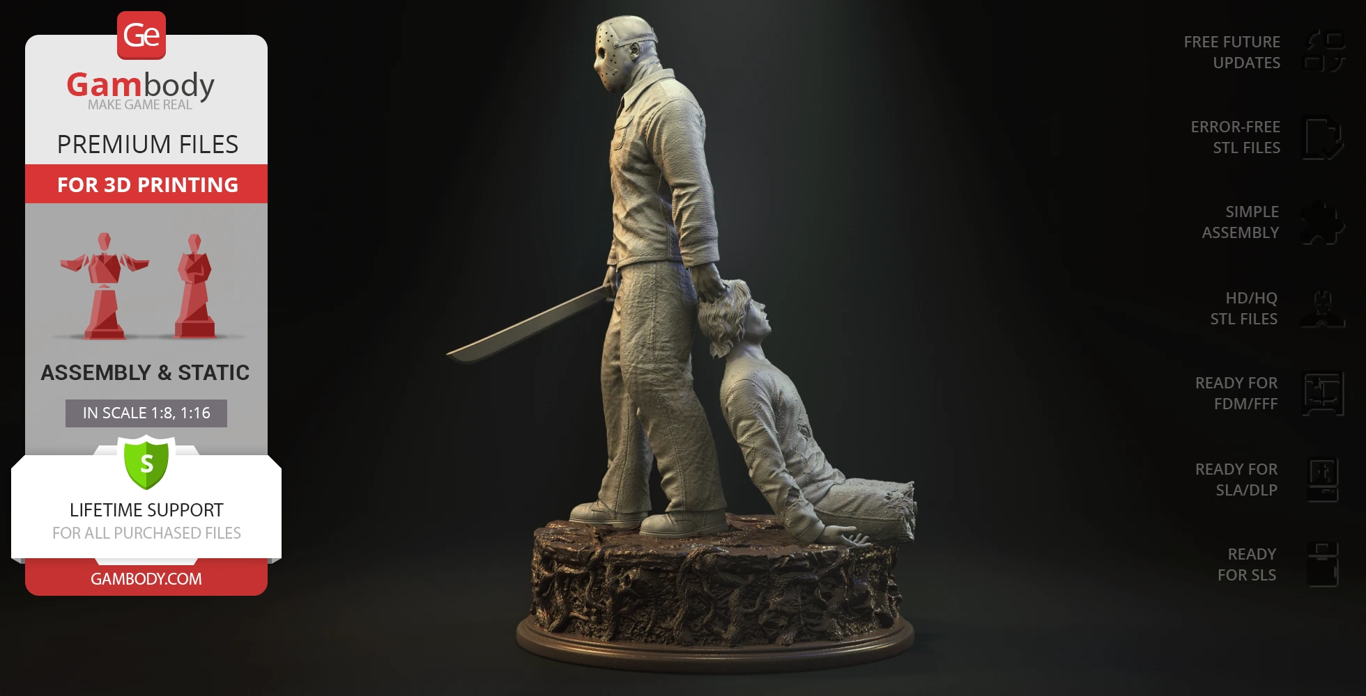 A 3D model of a masked figure holding a machete, standing over another figure, for 3D printing.