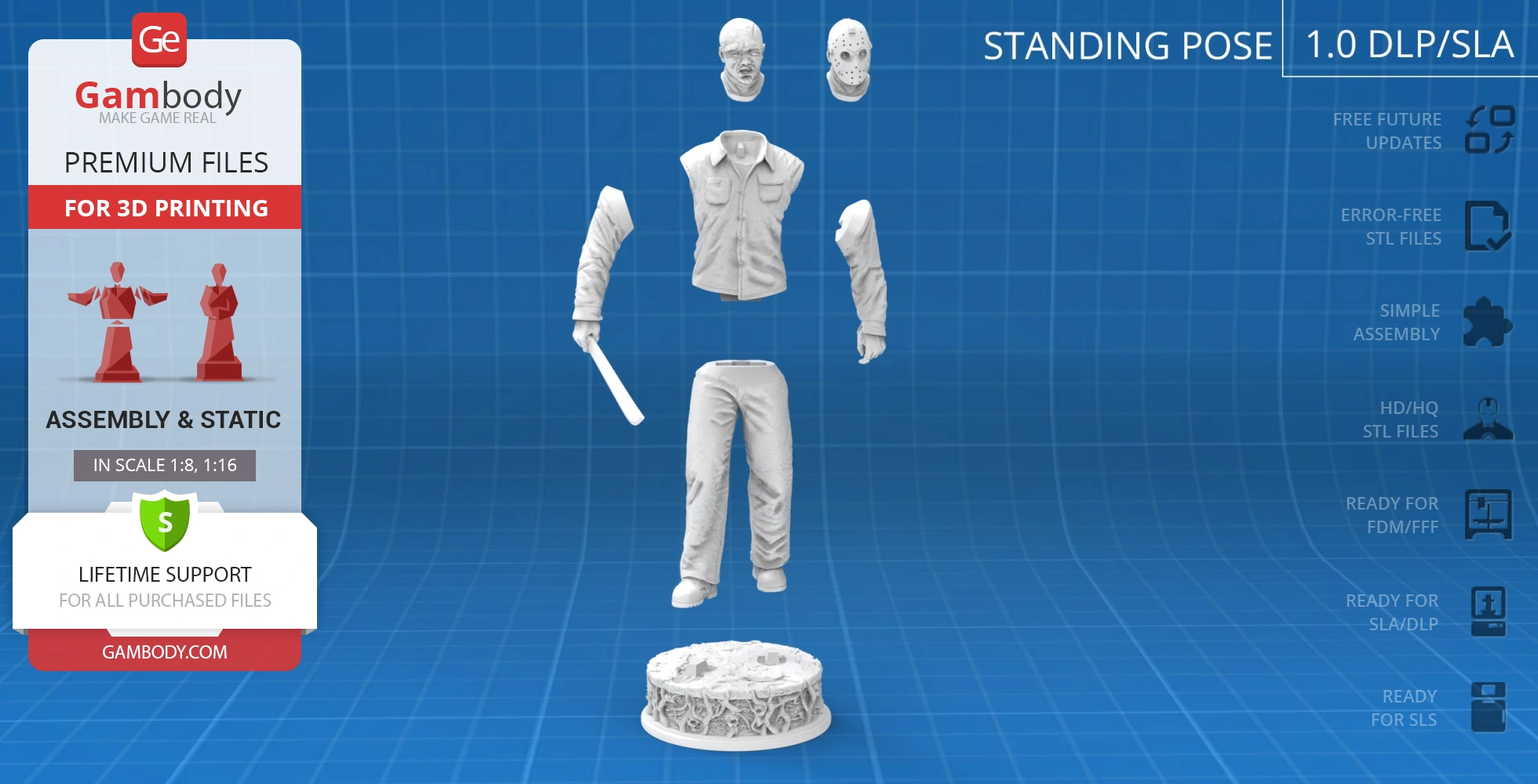 Disassembled Jason Voorhees 3D model parts for printing, including body, arms, head, mask, and base.