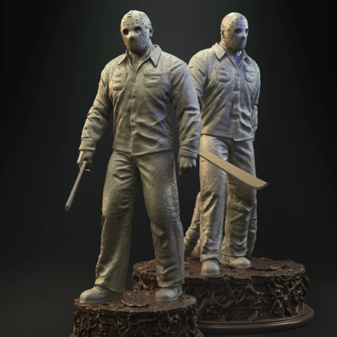 A detailed 3D model of a masked figure holding a machete, wearing a jacket, suitable for 3D printing.