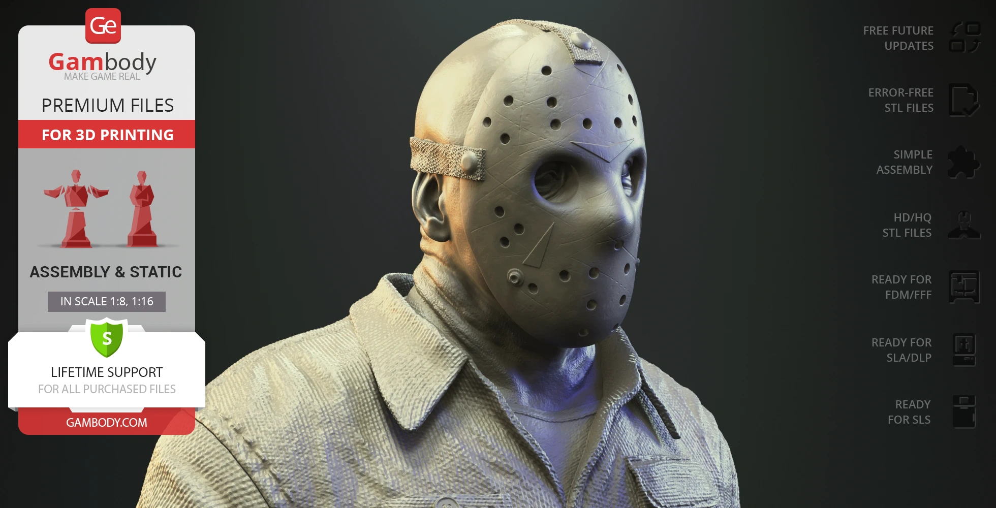 A 3D model of a masked figure wearing a detailed textured jumpsuit.