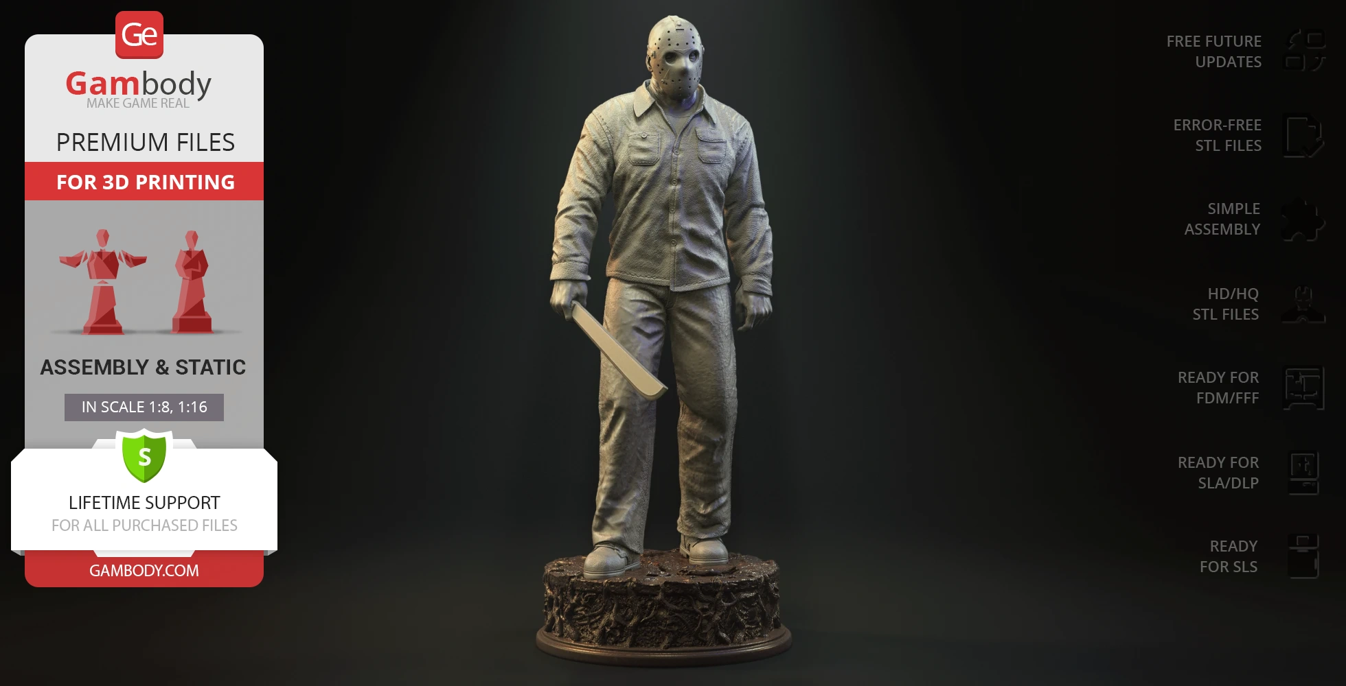 A 3D model of a masked figure holding a machete, standing on a detailed base, intended for 3D printing.