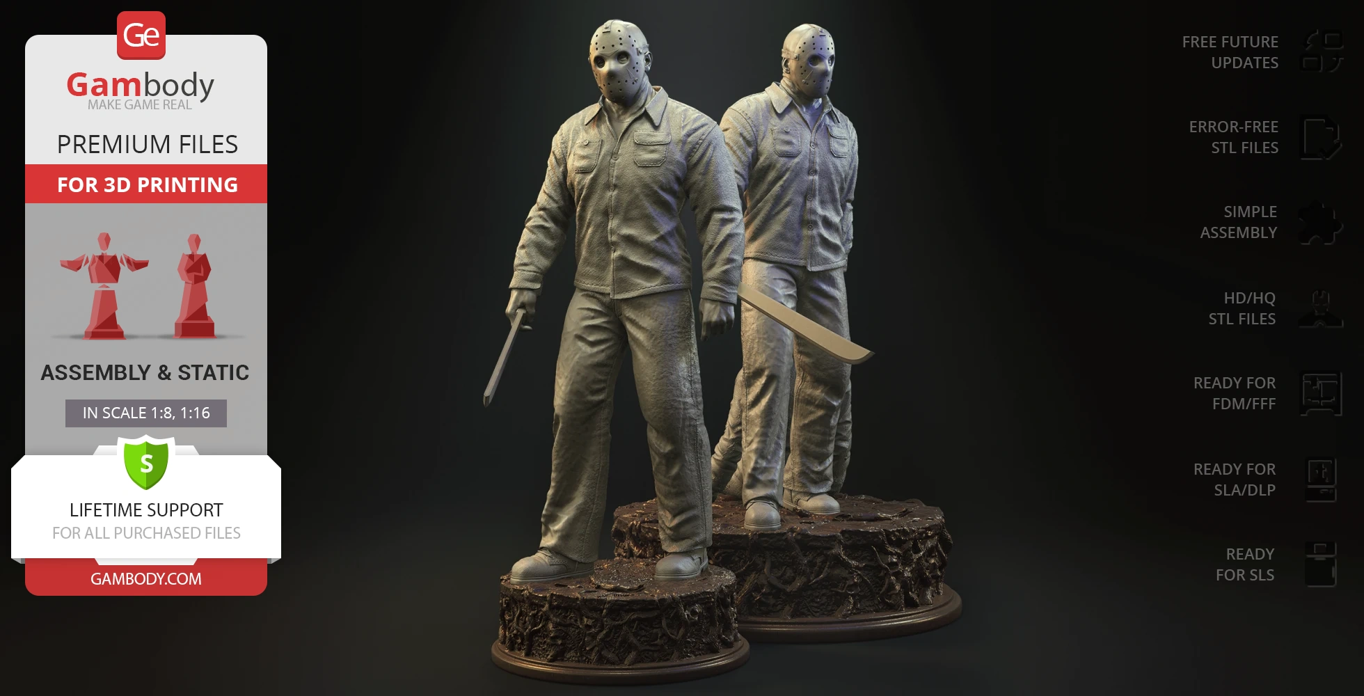 Two detailed 3D models of a masked figure holding a machete, standing on textured bases.