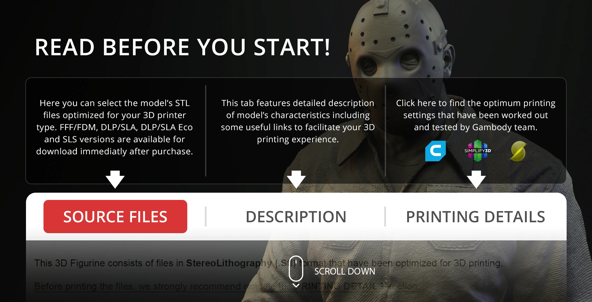 A 3D printing guide page featuring Jason Voorhees in a hockey mask, with options for source files and settings.