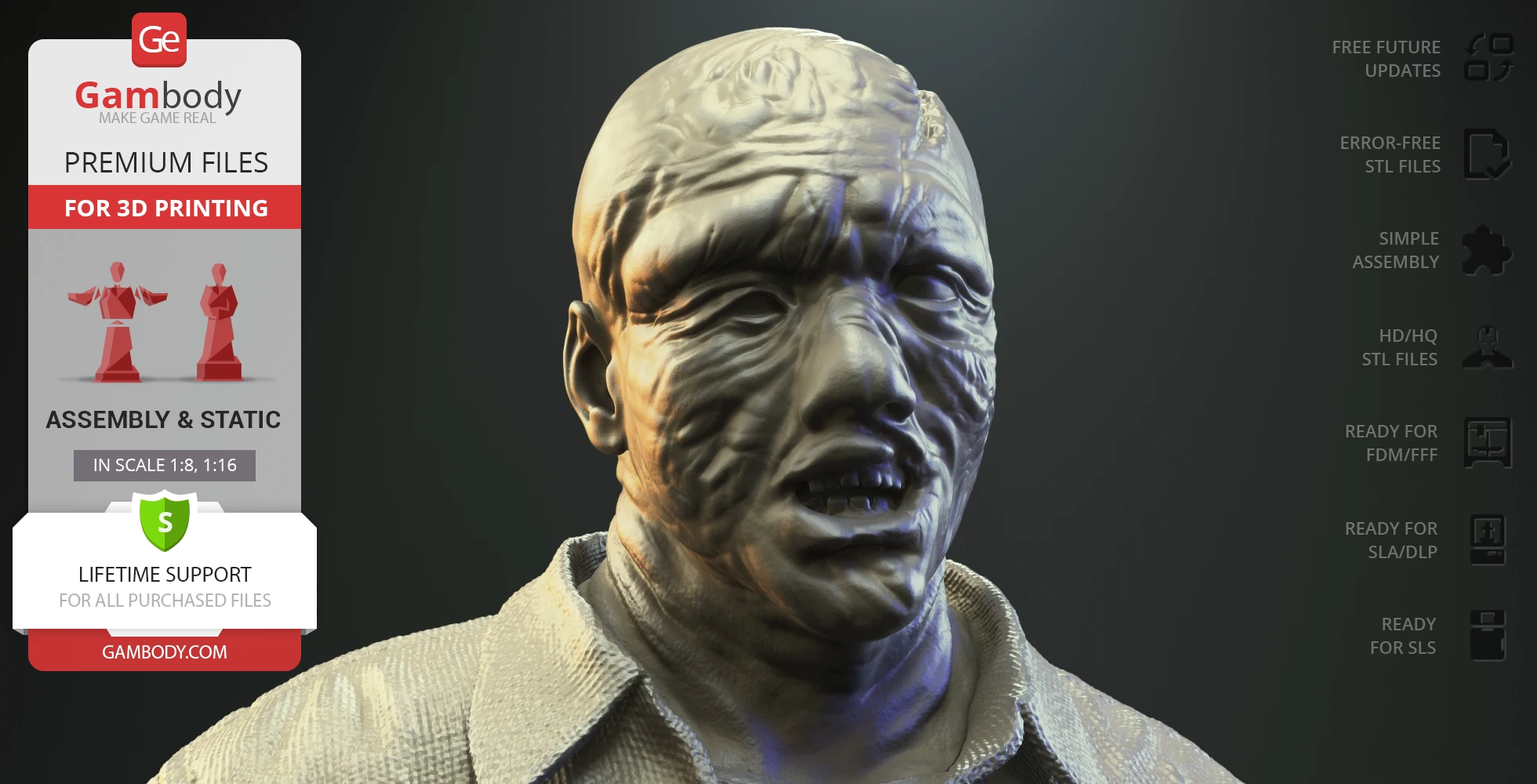 3D model of a grotesque, wrinkled face resembling a horror character, intended for printing.